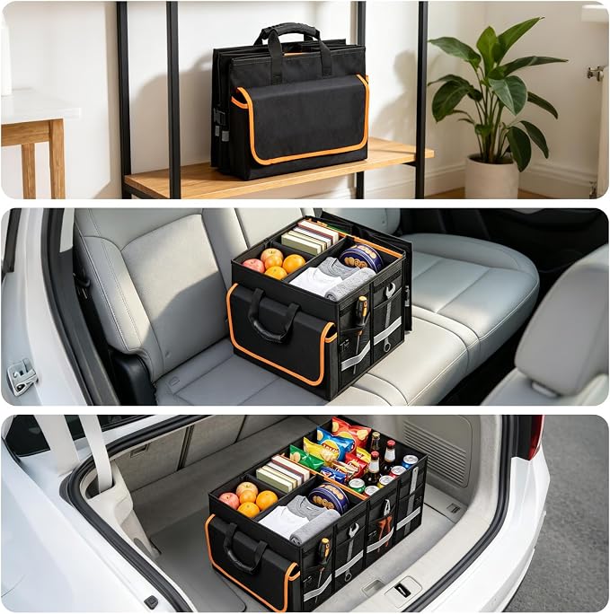 GDNasist Car Trunk Organizer and Storage with Lid, Car Accessories for Women Men 2 Removable Dividers for Custom Space, Collapsible Trunk Organizers Interior for SUV & Sedan