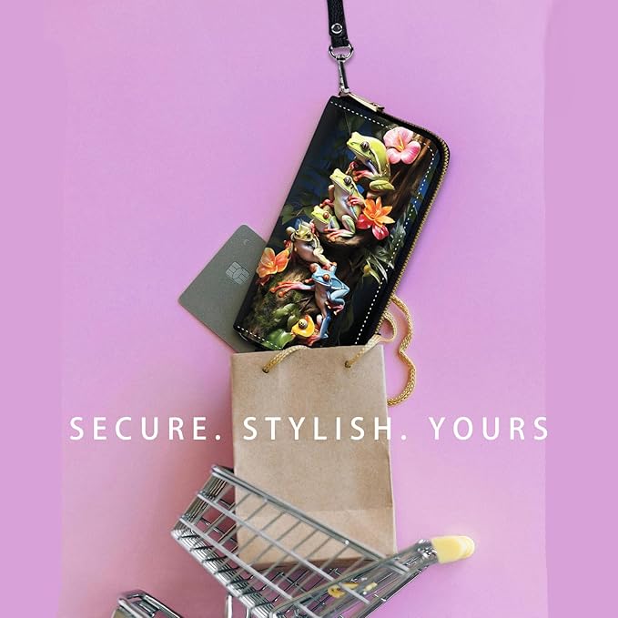 Zip Around Wallets for Women with Detachable Wrist Strap, Large Capacity RFID Blocking Leather Purse Organizer Card Holder Wristlet,Frog Tree Flower