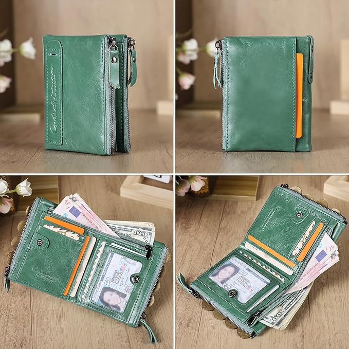 CONTACTS Soft Leather Wallet for Women Small Bifold Coin Purse Double Zipper Card Holder with RFID Blocking (Teal Green)