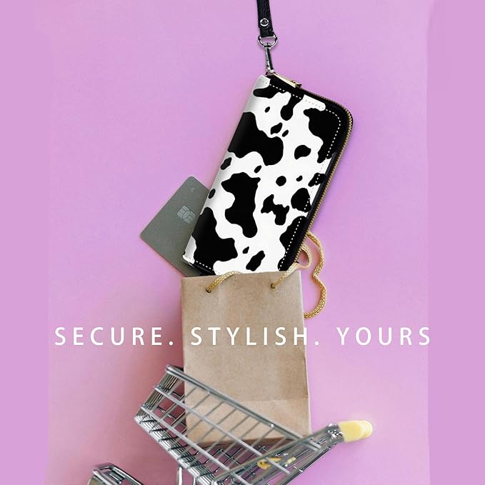 Zip Around Wallets for Women with Detachable Wrist Strap, Large Capacity RFID Blocking Leather Purse Organizer Card Holder Wristlet,Cow Print