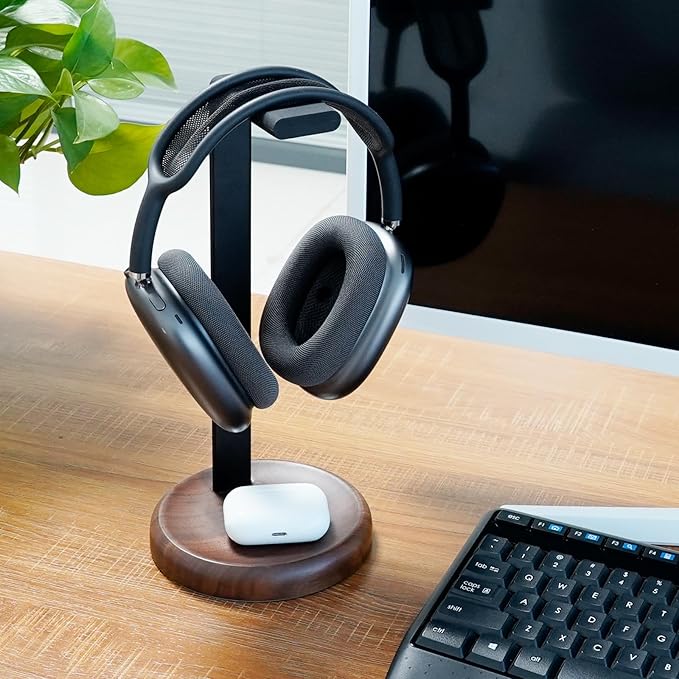 GEVO Headphone Stand for Desk - Walnut Wood & Aluminum Headset Stand, Universal Wooden Gaming Headphone Holder for AirPod Max, Bose, Sony, Razer, Jabra, JBL (Walnut Circular Base)