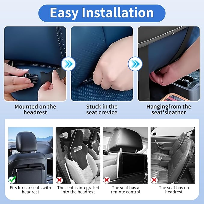 Car Seat Back Organizer with Foldable Tray, Car Seat Back Protector, Premium Leather Kick Mats, Multiple Storage Pockets, Travel Accessories for SUV Truck (Long)