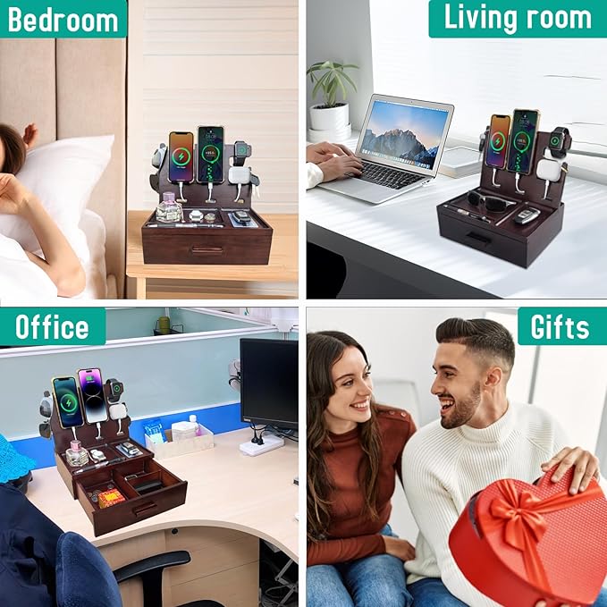 Wood Phone Docking Station with Drawer Built in 4 USB Charger, Nightstand Organizer with Dual Phone Charging Station for Apple Android Phones Anniversary Birthday Gifts for Men Dad Hunsband Mom