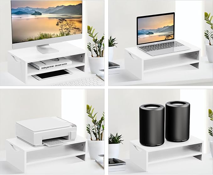 Monitor Stand Riser, 2-Tier Wood Computer Monitor Riser with Storage, Computer Screen Desk Shelf for Monitor, Laptop, PC, iMac, TV & Printer (White)