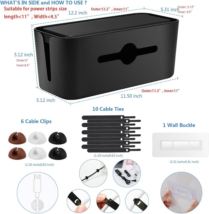 Cable Management Box,Cord Organizer Box for Desk Floor Cable Hide,Cable Box Organizer to Cover The Power Strip Cord Wires for Home Office,Black