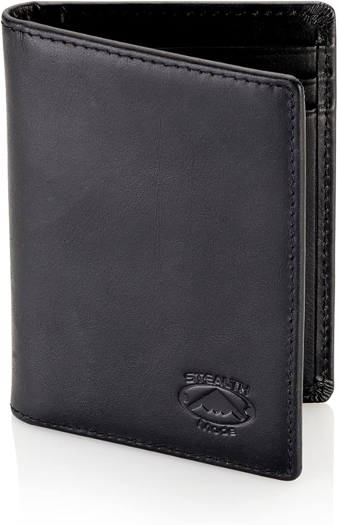 Stealth Mode Men's Slim Front Pocket Wallet - RFID Blocking, Thin Minimalist Bifold Design, Genuine Leather - ID Badge Window and 5 Sleeves for Money, Credit and Debit Cards, Driver's License - Black