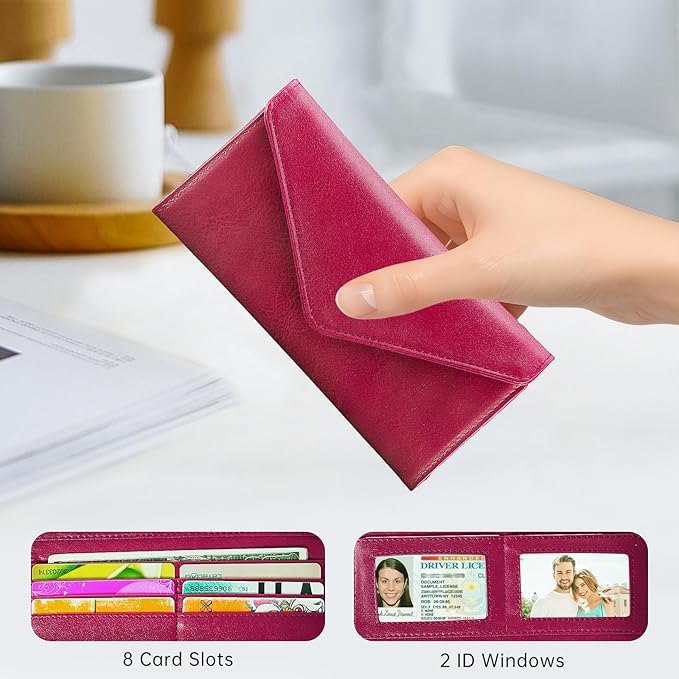 Women's Card Wallet Envelope Style RFID Blocking Credit Card Holder Long Cash Wallet for Ladies, Rose Red