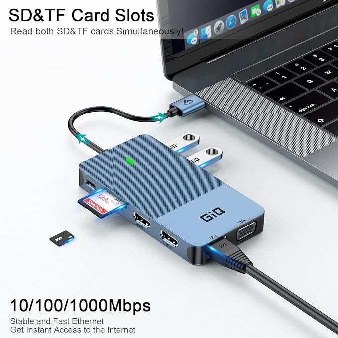 USB Docking Station GIQ USB C HUB USB 3.0 to Dual HDMI VGA Adapter Triple Display USB C Laptop Docking Station Dual Monitor HDMI Splitter Extender Compatible with MacBook M1 M2 M3 M4 M5 USB Dock