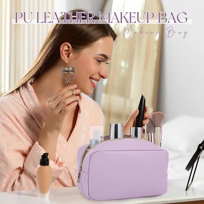 Sweetude 10 Pcs Makeup Bag Bulk for Women Preppy Gift PU Leather Cosmetic Bag Small Skincare Toiletry Pouch Mother Travel Cosmetic Pouch for Bridesmaid Bride Wedding Gift Favors (Purple)
