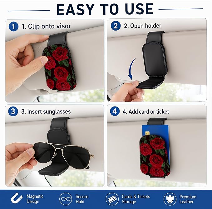 Leather Magnetic Sunglass Holder for Car Sun Visor, Cute Eyeglass Ticket Card Hanger Clip, Universal Auto Interior Accessories for SUV Pickup Truck, Red Rose