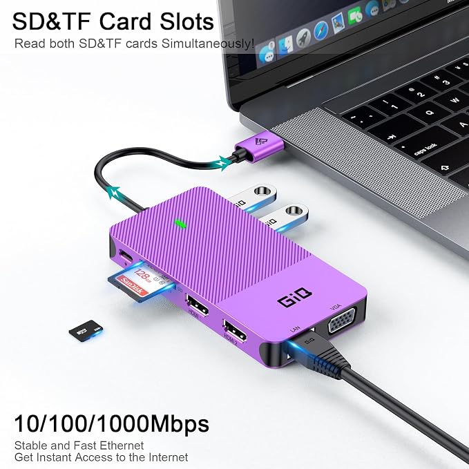 USB Docking Station GIQ USB C HUB USB 3.0 to Dual HDMI VGA Adapter Triple Display USB C Laptop Docking Station Dual Monitor HDMI Splitter Extender Compatible with MacBook M1 M2 M3 M4 M5 USB Dock