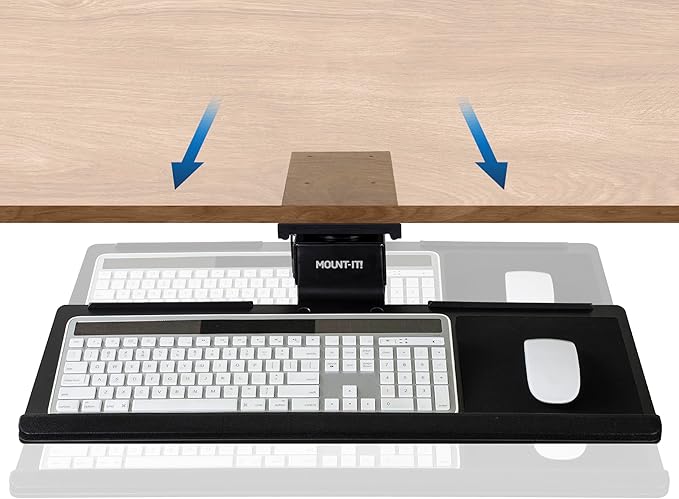 Mount-It! Under Desk Keyboard Tray, Adjustable Slide-Out Keyboard & Mouse Platform, 26.38" W × 10" D, Ergonomic Wrist Rest, Height Tilt & Swivel, Heavy-Duty Bolt-On Keyboard Drawer for Home Office