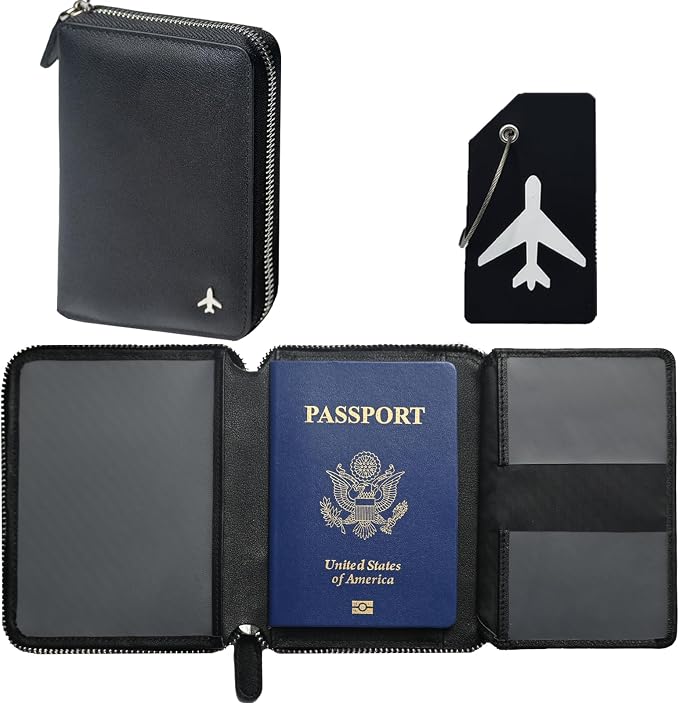 Pilot Wallet Passport Holder RFID Blocking Nappa Leather Travel Wallet, Stylish Travel Companion for Aviation Professionals (Black Silver)