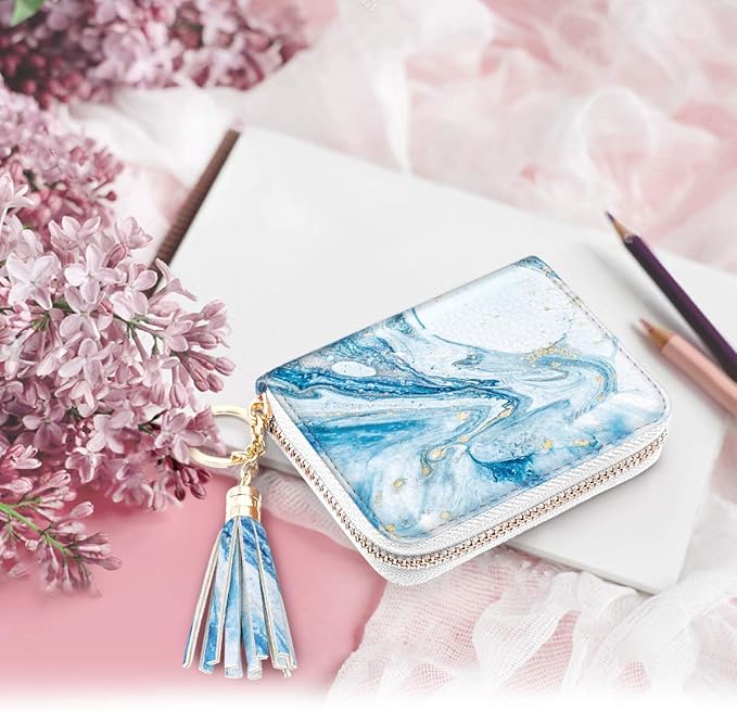 Coco Rossi Leather Credit Card Wallet for Women, RFID Blocking Zipper Cards Holder with Tassel, Blue Marble