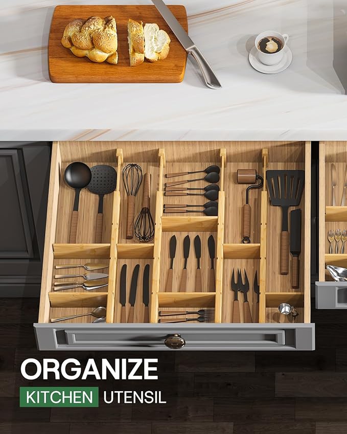 Bamboo Drawer Dividers - Adjustable Drawer Dividers for Clothes, Kitchen, Closet & Office - 8 Pack with Inserts, 18-22.6 Inches, Non-Slip Silicone Ends