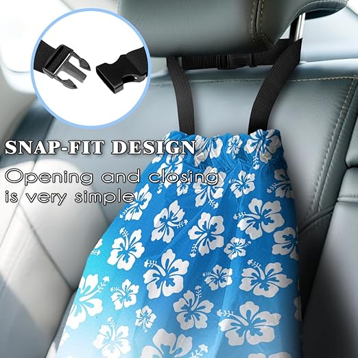 Car Trash Bag Hanging Back of Seat with Adjustable Snap Buckle Strap Cute Printed Drawstring Garbage Bags for Car-Hawaiian Floral Blue
