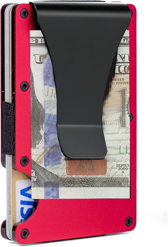 Slim Wallet for Men,RFID Blocking Minimalist Metal Wallet, Money Clip/Cash Holder, Front Pocket Aluminum Credit Card Holder, Ideal Gift for Men,Matte Red
