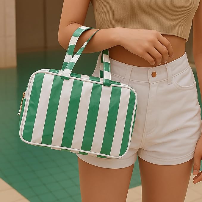 Travel Toiletry Bag for Women, Waterproof Clear Coated Portable Stripe Makeup Cosmetic Bag with Compartment, Travel Organizer for Shampoo, Conditioner, Brushes Set,Cosmetic Accessories(White-Green)