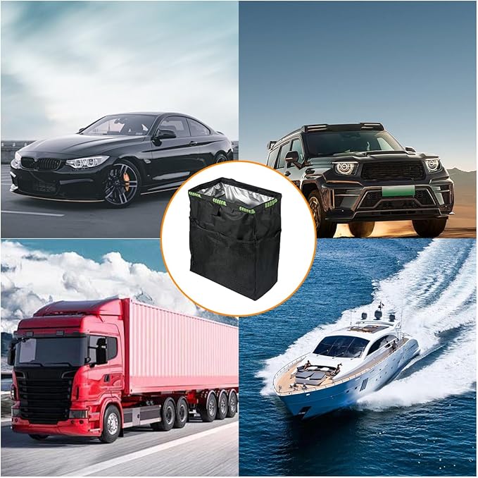 Hanging Car Trash Can with Storage Pockets, Waterproof Leakproof Automotive Garbage Bag, Washable Foldable Large Capacity Vehicle Trash Bin, Universal for RV, SUV, Truck (Black)