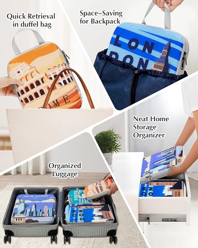 Gonex Compression Packing Cubes, 6pcs Expandable Storage Travel Luggage Bags Organizers with Shoe Bag Laundry Bag, Travel Cubes for Suitcase Carry On (Urban Landscape)