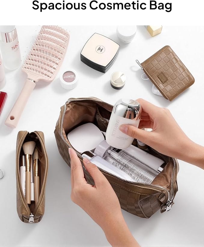 TOPEAST Travel Makeup Bag Cosmetic Bags for Women, 3 Pcs Set Make Up Toiletry Bag with Removable Zip Purse, Waterproof Leather Makeup Brush Organizer for Travel Essentials, Brown
