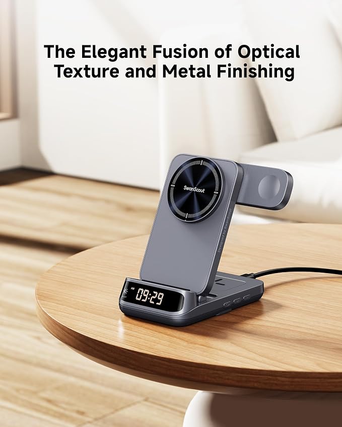25W 3 in 1 Wireless Charger Stand Compatible with MagSafe, Foldable Travel Magnetic Charging Station with Clock for iPhone 17/16/15 Series, Apple Watch, Air Pods, SwanScout 708M-25W