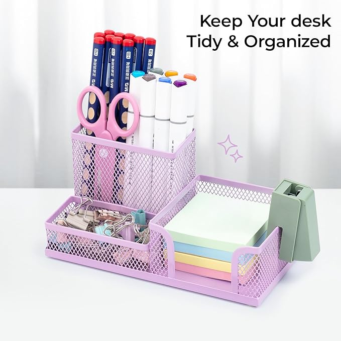 M&G Mesh Pen Holder Desk Organizers Pencil Holder for Desk Purple, 3 Compartments Metal Office Supply Organizer with Sticky Notes Holder for Home Office