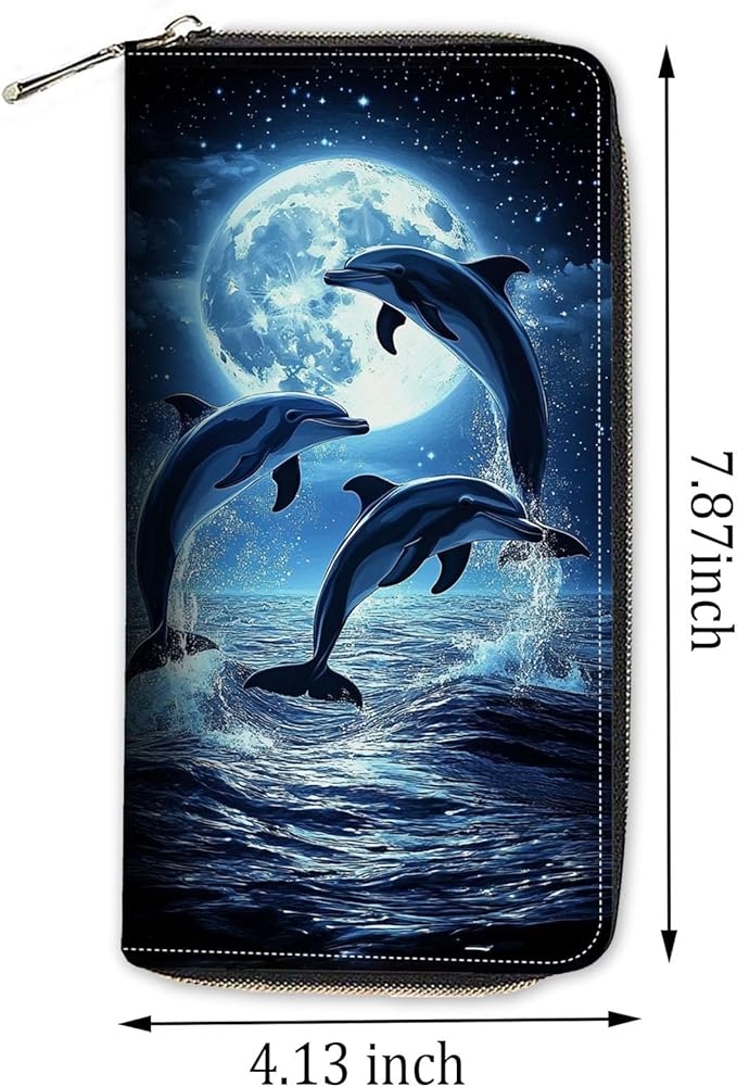 Womens Wallet,RFID Blocking Large Capacity Clutch,Zip Around Leather Purse with 8 Card Slots,Bill Compartments Coin Pocket - Cute Dolphin