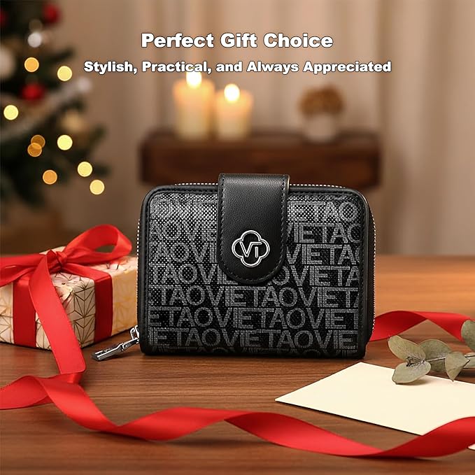 Credit Card Wallets for Women, Leather Cardholder with Zipper Around, Small Rfid Ladies Wallet, Accordion Compact Bifold Purse for Travel, 19 Card Slots, ID Window, Cash Organizer - Black
