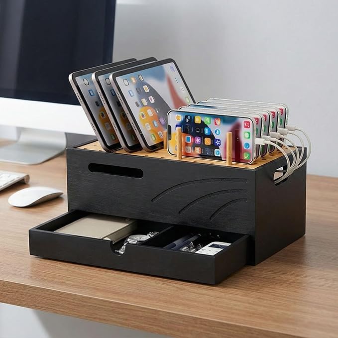 Homde Bamboo Charging Station Organizer: 2 Layer Charger Holder with Drawer for Office Home - Electronic Docking Stand for Multiple Devices, Tablets, Phones (Black)