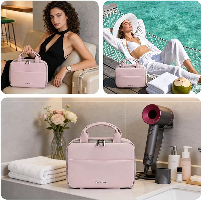 Greenfeather Hanging Travel Toiletry Bag for Women, Compact Yet Spacious Makeup & Cosmetic Organizer with Multiple Compartments, Waterproof Portable Bag for Short Trips & Weekend Travel (Rose Pink)