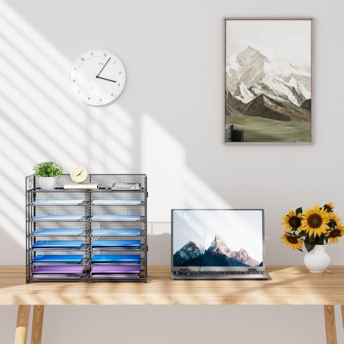 Lavatino 7 Tier Paper Organizer for Desk, Mesh Literature Organizer, Mail File Sorter Tray with Handle, Desktop Mailbox for Office Classroom Home, Black