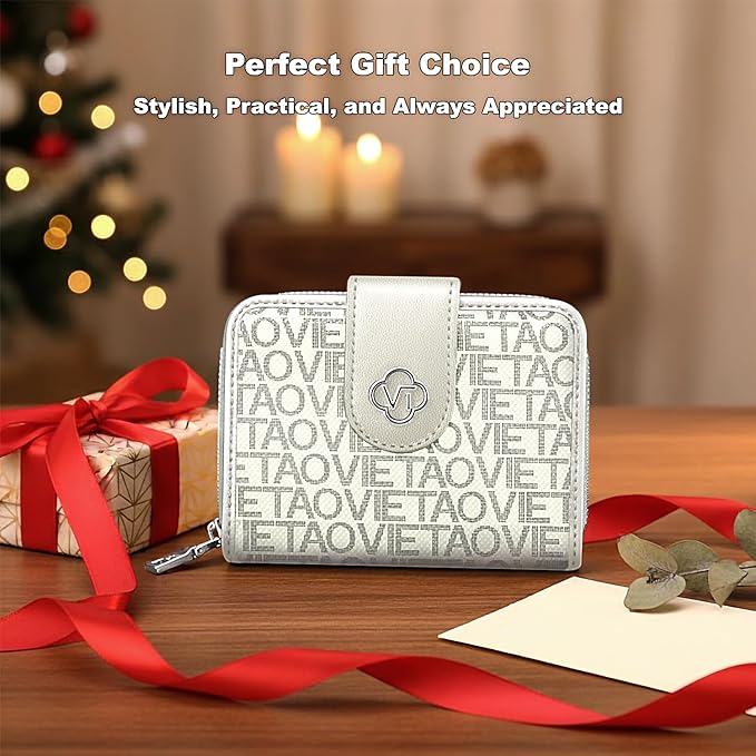 Credit Card Wallets for Women, Leather Cardholder with Zipper Around, Small Rfid Ladies Wallet, Accordion Compact Bifold Purse for Travel, 19 Card Slots, ID Window, Cash Organizer - White