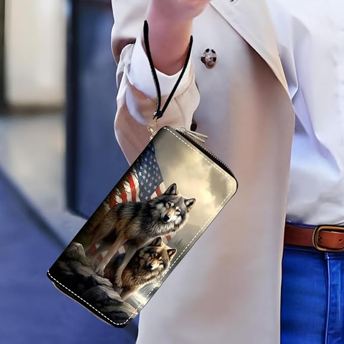 Women's Large Capacity Wallet PU Leather Double Zipper Clutch Purse Multifunctional Wallet with Removable Wristlet Strap for Smart Phone/Coin/Card/Cash - American Flag Wolf