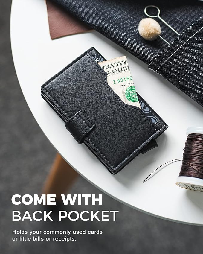 VULKIT Slim Bifold Pop up Wallet Minimalist Leather Card Holder RFID Blocking Metal Card Case with ID Window for Women | with Leather Slots, RFID Blocking, Slim, Metal Card Case