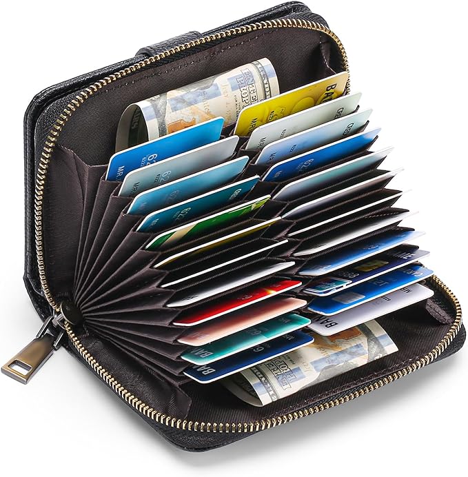 GAEKEAO Leather Credit Card Holder Wallet for Women RFID Blocking Large Capacity Bifold Zipper Card Case Organizer with Wristlet 32 Slots