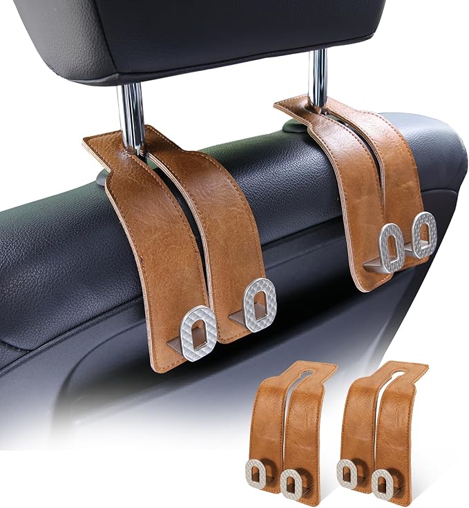 Car Headrest Hooks Universal Car Purse Hook Premium Leather and Alloy Twin Hook Car Seat Back Storage Hanger Hook for Purse Bags Cloth Drink Durable Holder Car Accessories (BH09-Brown-Silver)