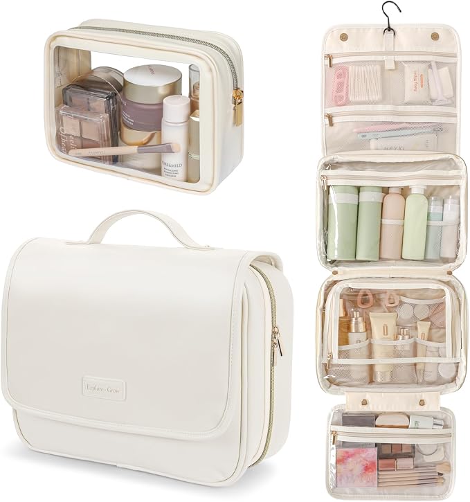 PACKISM Hanging Travel Toiletry Bag - with Clear Makeup Bag, Large Beige | Wide Open Access, Hanging Hook, Detachable Pouch, Large Compartments, Waterproof Surface, Cruise Bathroom Travel Storage