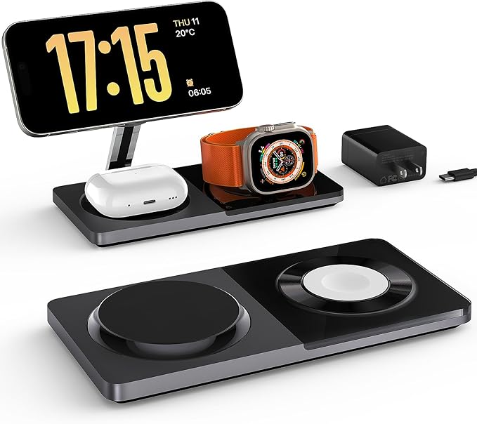 3 in 1 Charging Station for Apple Devices: Mag-Safe Charger Stand Fast Charging, Wireless Charger for iPhone 17 Air 16 15 14 13 12 Series, Apple Watch Series 1-9/Ultra, AirPods Pro (Black)