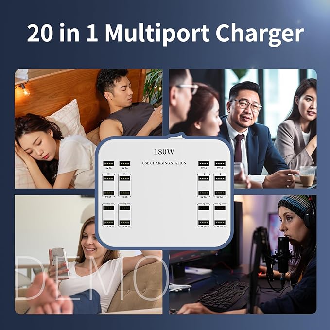 USB Charger Station 20 Ports, 180W Desktop Multi Port Charging Hub,20 Ports USB Charger for Multi Devices Compatible with iPhone/Huawei/LG/Google Pixel/Tablet/Other Devices
