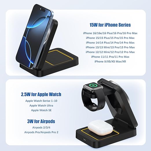 3 in 1 Wireless Charger Station for Multiple Apple Devices, Foldable Magnetic MagSafe Charging Stand, Portable Fast Travel Charger for iPhone 17/16/15/14/13/12/11 Pro Max/Apple Watch Series/Airpods