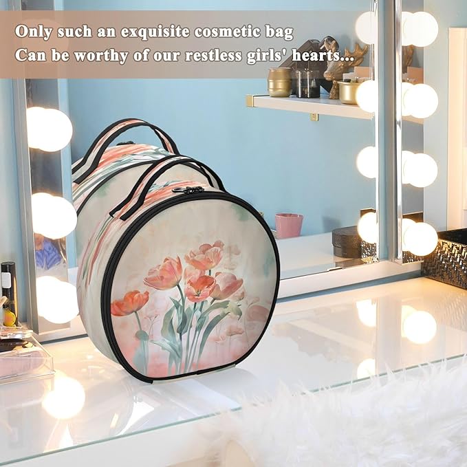 senya Round Cosmetic Pouch Travel Makeup Train Case Flower Vintage Makeup Organizer Bag with Adjustable Dividers Portable for Cosmetics Makeup Brushes Toiletry Jewelry Accessories