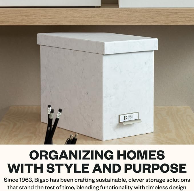 Bigso John Fiberboard Label Frame Desktop File Storage Box - Document Organizer for Important Paperwork - Durable Hanging File Box with Lid & Metal Label Window - 7.36 x 13.38 x 10.51 in - Marble