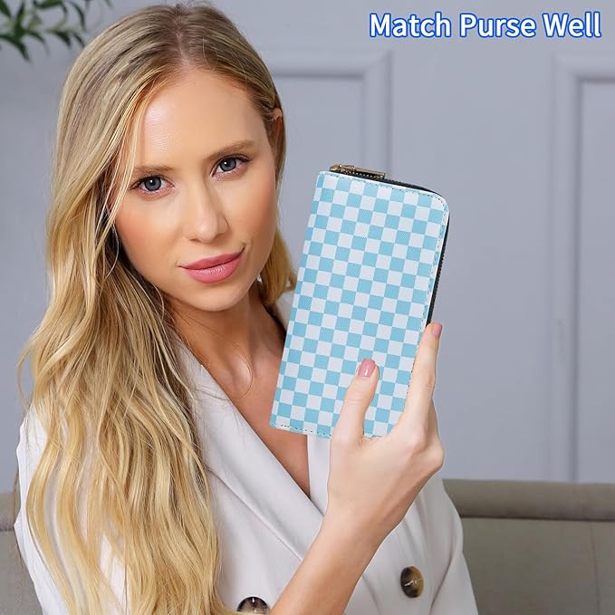 Checkered Wallets for Women Cute Large Capacity Blue Female Plaid Purse 2 Zippers Credit Card Holder