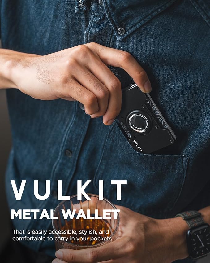 VULKIT Men's Metal Wallet with Money Clip, Slim Credit Card Holder with Airtag Holder, Minimalist Front Pocket Wallet for Men(Black)