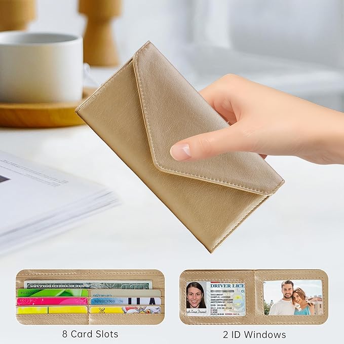 Slim Womens Wallets with Credit Card Slots, Long Envelope Style Anti Theft with 2 ID Windows, Coin Pocket, Champagne