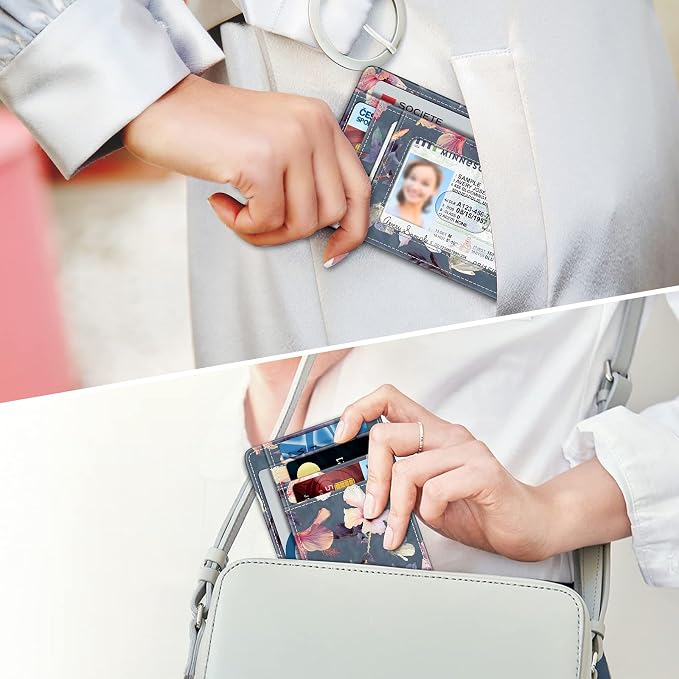 FINTIE Slim Minimalist Front Pocket Wallet, RFID Blocking Credit Card Holder Card Cases with ID Window for Men Women (Blooming Hibiscus)