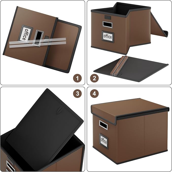 File Organizer Boxes with Lids, Collapsible Faux Leather Hanging File Folder Box Organizer with Plastic Slide, Decorative Home/Office Filing System Boxes for File and Folders Storage