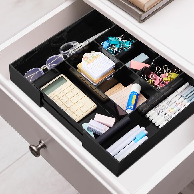Briwooody 1 Pcs Acrylic Vanity Organizer 9'' up to 18'' x 12'' x 2.1'' Expandable Makeup Organizer Trays with 8 Adjustable Compartments Black Desk Accessories for Beauty, Kitchen, Office, Bathroom
