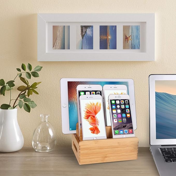 Bamboo Wood Multi-Device Desktop Dock Station Charger Holder Charging Cradle Charge Stand Compatible for iPhone 16 15 14 13 12 11 Pro Max XS XR X iPad 3 4 Mini Pro Air Samsung Huawei Smartphones